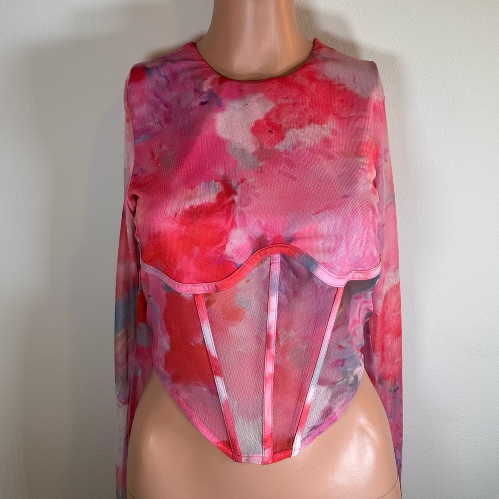 Bardot Pink Watercolor Mesh Corset Crop Top - Picture 5 of 9